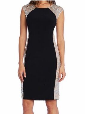 R&M Richards Black Midi Dress with Nude Sequin Panels